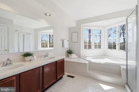 a bathroom with a sink double vanity granite tub and a shower