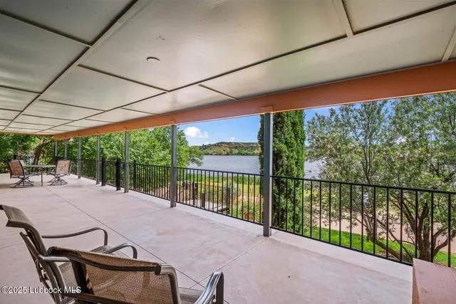 a patio with water view