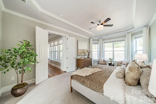 a bedroom with a bed and a potted plant