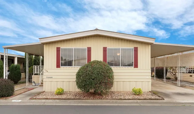 a view of a house with a small yard plants and large tree