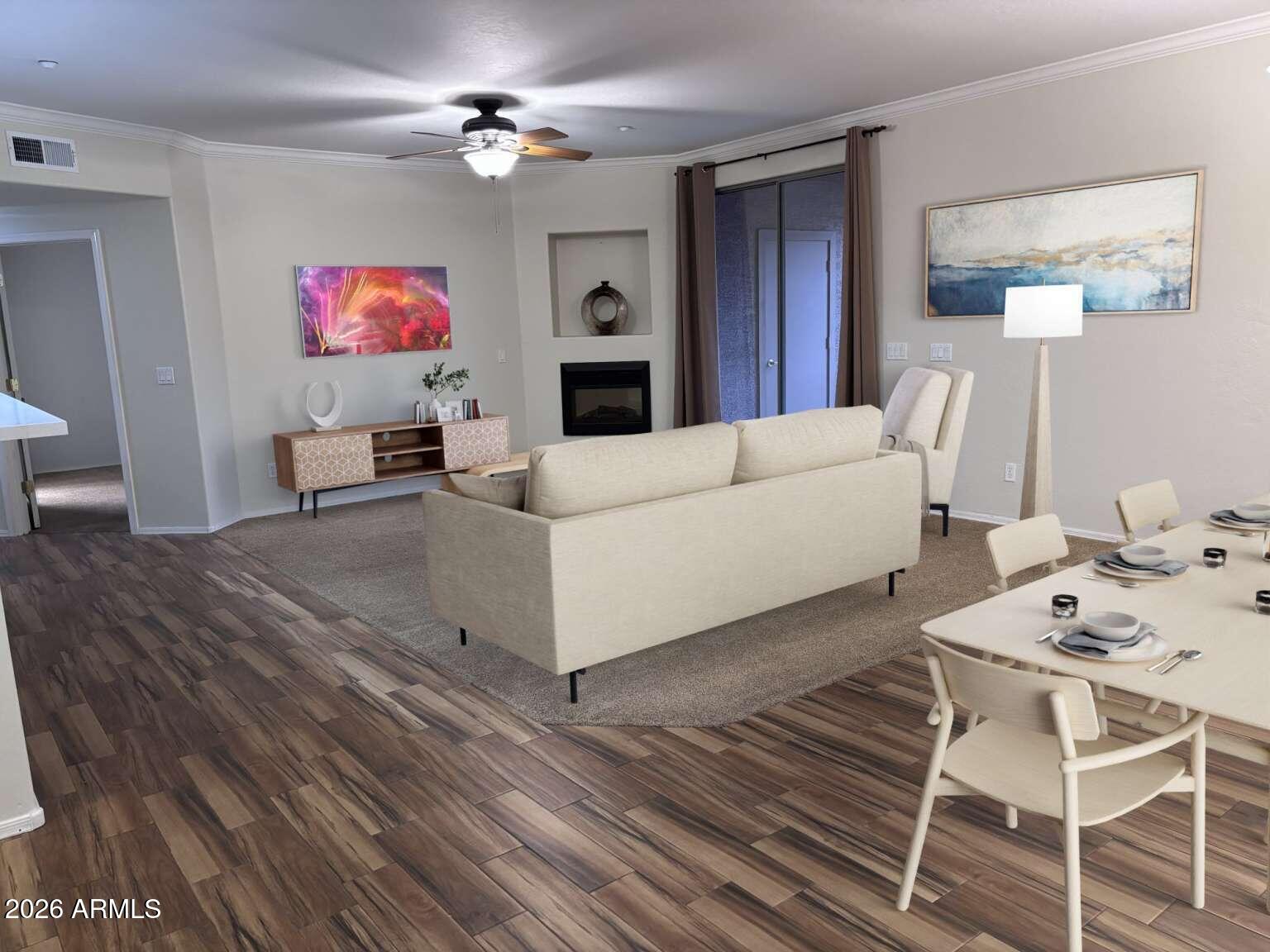 955 East Knox Road, Unit 118 Chandler, AZ 85225 - Photo 2 of 46 a living room with furniture a flat screen tv and a fireplace