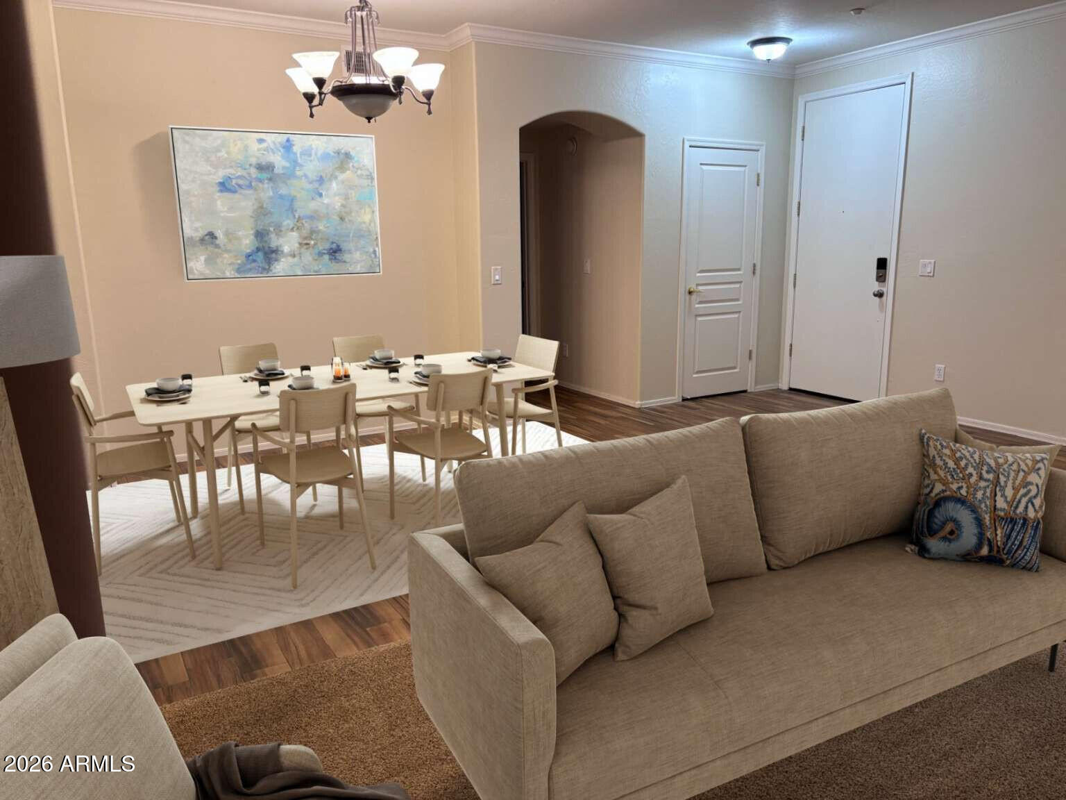 955 East Knox Road, Unit 118 Chandler, AZ 85225 - Photo 27 of 50 a living room with furniture kitchen view and a chandelier