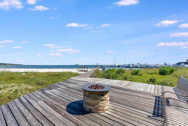 a view of a lake with a terrace