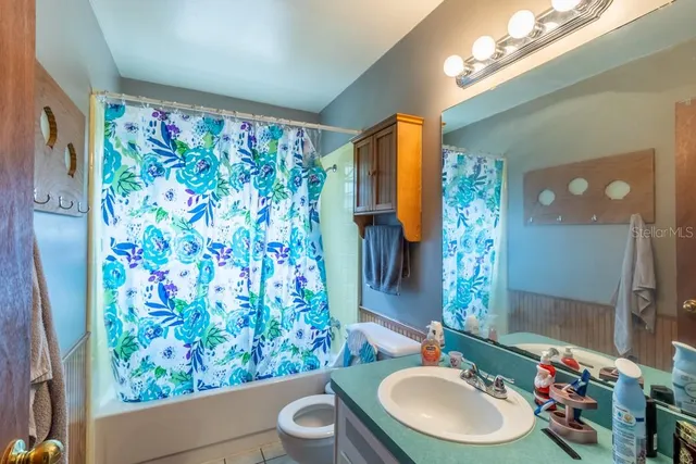 a bathroom with a sink a toilet a mirror a vanity and shower curtain