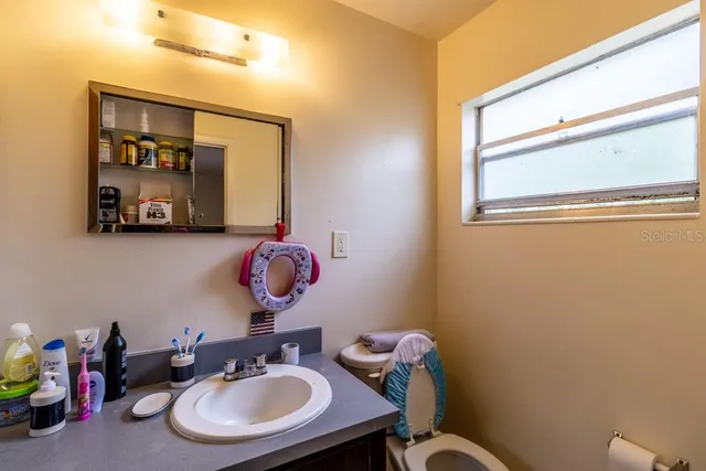 a bathroom with a sink mirror and toilet