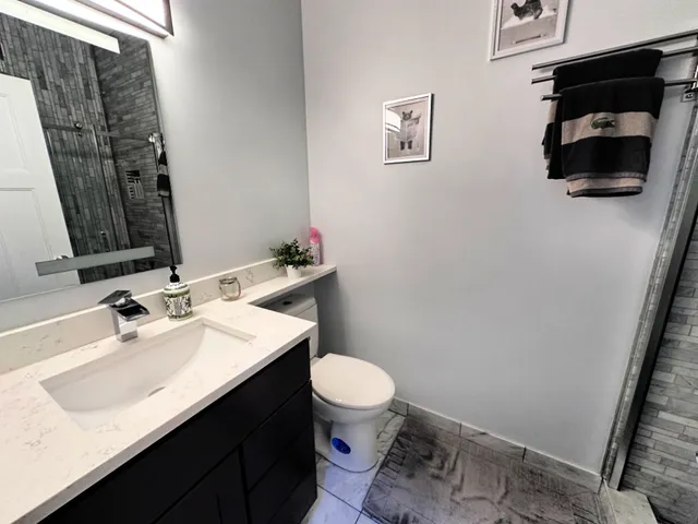 a bathroom with a sink toilet and vanity