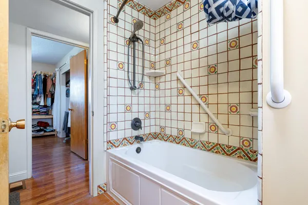 a bathroom with a bathtub and a shower