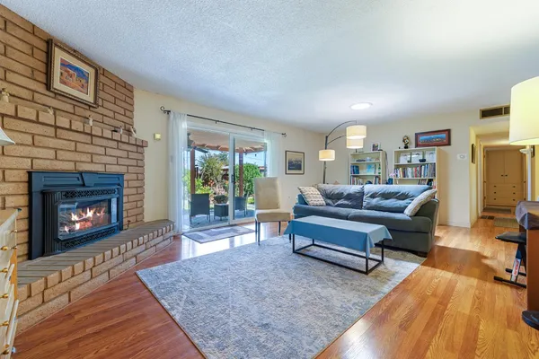 a living room with furniture and a fireplace