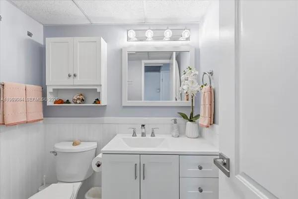 a bathroom with a sink vanity and toilet