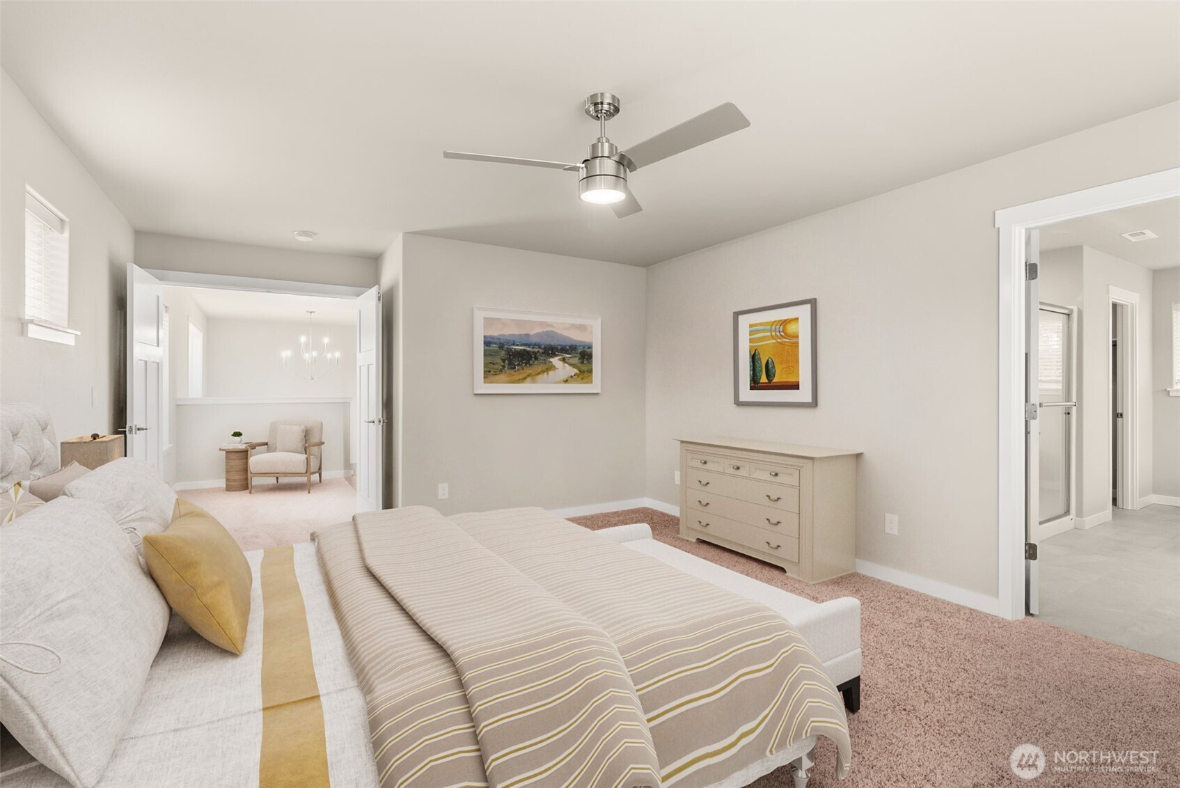 7308 Jenner Street Southwest Tumwater, WA 98512 - Photo 17 of 40 a bedroom with a large bed and a chandelier