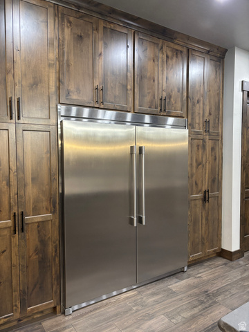 259 Meadow Drive Springville, UT 84663 - Photo 15 of 62 Kitchen with stainless steel built in fridge, dark wood-style flooring, and dark wood finish cabinetry