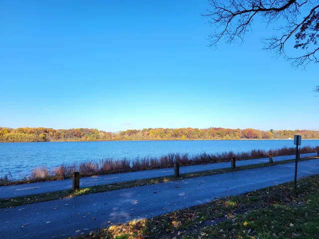 a view of a lake with houses in the back
