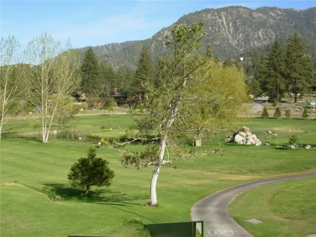 a view of a golf course with an trees