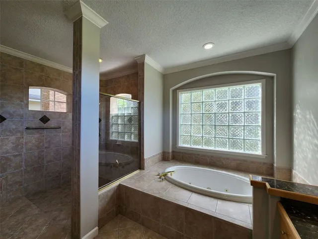 a bathroom with a granite countertop tub sink and mirror