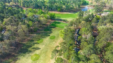 an aerial view of residential houses with outdoor space and trees
