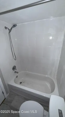 a bathroom with a bathtub and a toilet