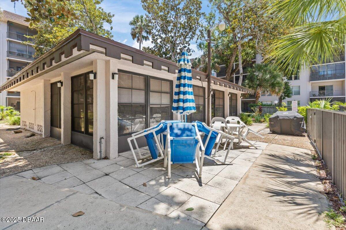 640 North Nova Road, Unit 114 Ormond Beach, FL 32174 - Photo 35 of 40 a view of a patio with table and chairs and potted plants