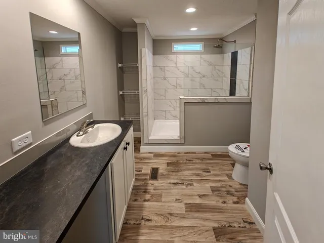 a bathroom with a sink a toilet and shower