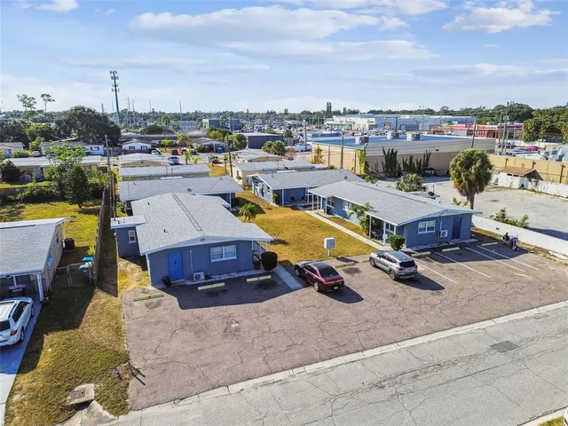 an aerial view of a swimming pool