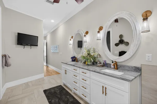 a view of swimming pool with a lake and trees in the background