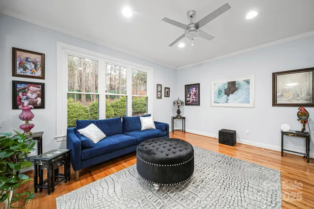 a living room with furniture and a potted plant