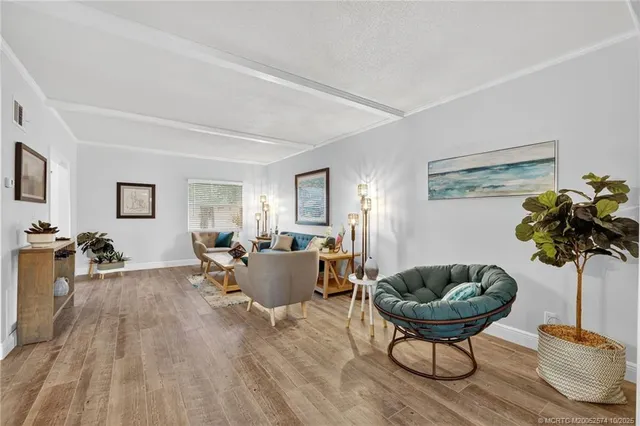 a living room with furniture and a potted plant