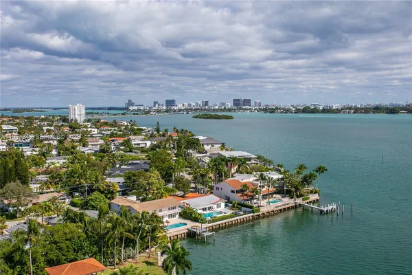 an aerial view of lake and residential houses with outdoor space