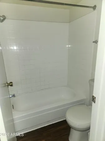 a bathroom with a bathtub and a toilet