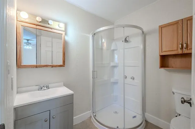 a bathroom with a sink a toilet and shower