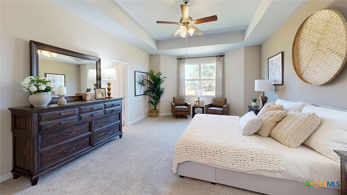 14096 Carsten Loop Salado, TX 76571 - Photo 14 of 32 a bedroom with a bed and window with chandelier