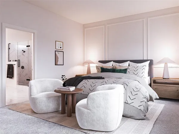 a bedroom with a bed and couch