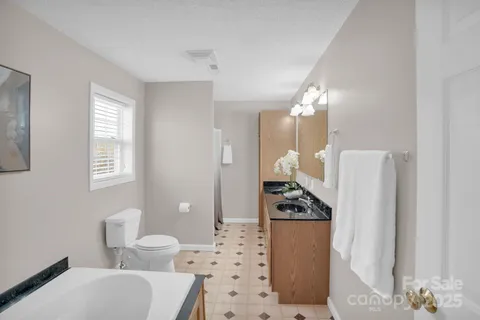 a bathroom with a sink a toilet a light fixture and shower