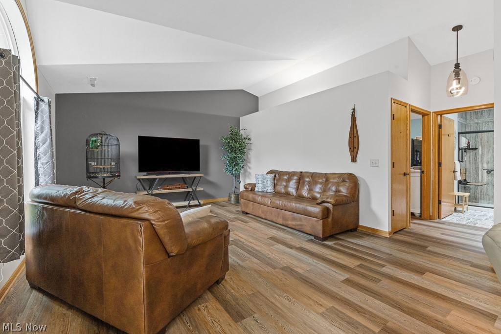 808 Ryan Road, Unit 14 Medina, OH 44256 - Photo 6 of 40 Living area featuring vaulted ceilings, wood-finish flooring, a contemporary pendant light fixture, and an arched window