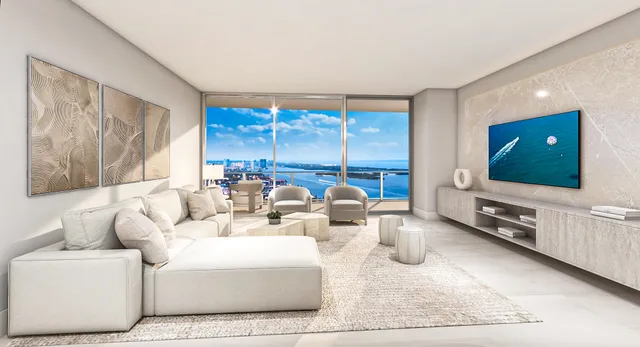 a living room with furniture a flat screen tv and a large window