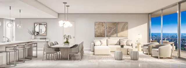 a living room with furniture a large window and a chandelier