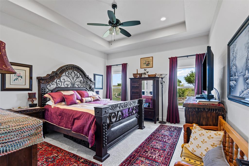 2045 Ellis Ridge Drive Weatherford, TX 76087 - Photo 14 of 40 Bedroom featuring light carpet, a raised ceiling, and a ceiling fan