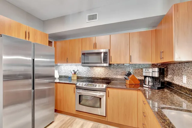 a front view of a multi story building