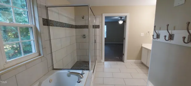 a bathroom with a tub a sink and a shower