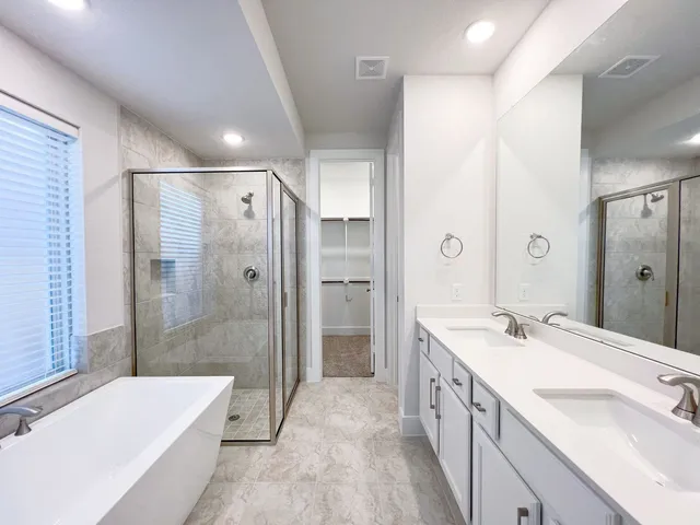 a bathroom with a tub sink shower and a mirror