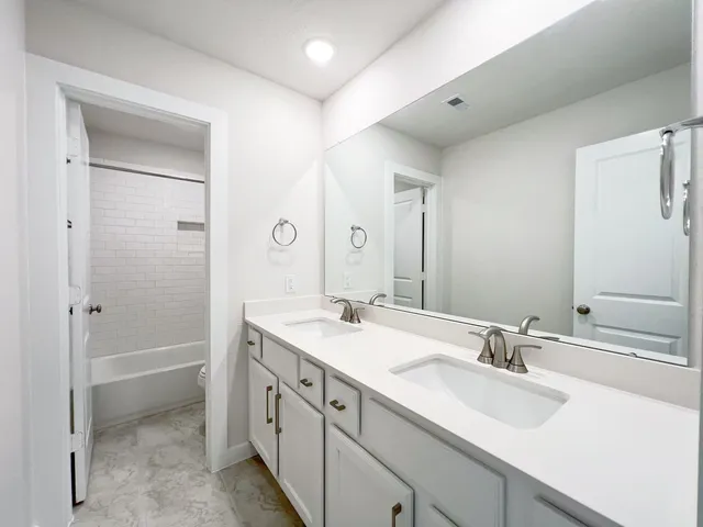 a bathroom with a sink double vanity and a mirror