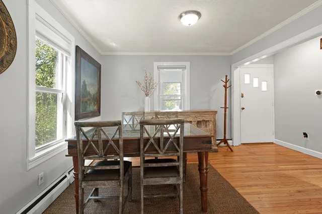 a view of a dining room with furniture and window