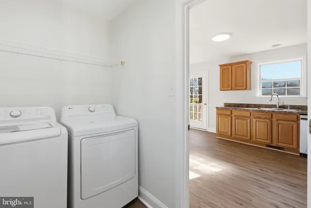 a view of washer and dryer with wooden floor