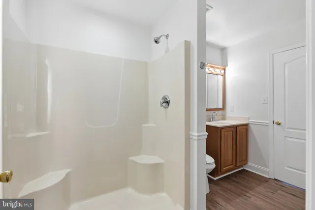 a bathroom with a sink a toilet and shower