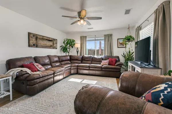 a view of a dining room with furniture