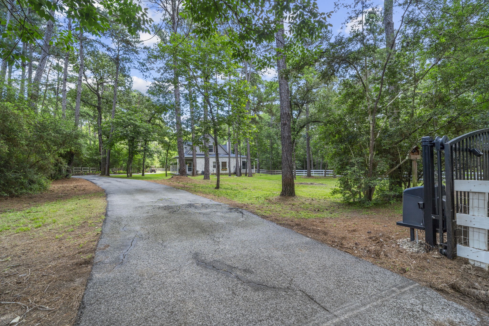 As you pass through the remote-controlled iron gate equipped with LiftMaster access, a paved driveway winds through the property and leads you home, creating a welcoming arrival while enhancing both privacy and convenience.
