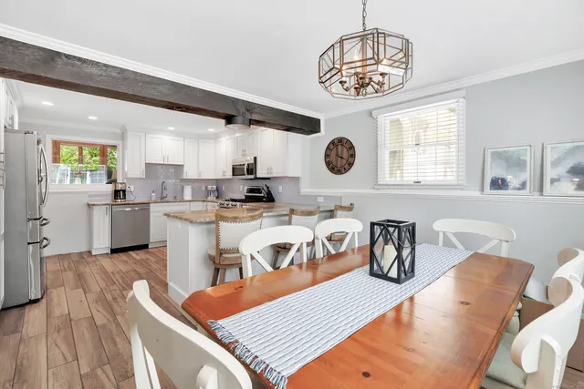 a view of a kitchen and dining room