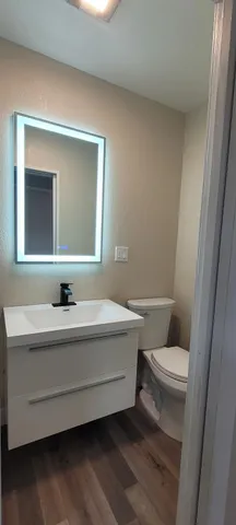 a bathroom with a toilet sink and mirror