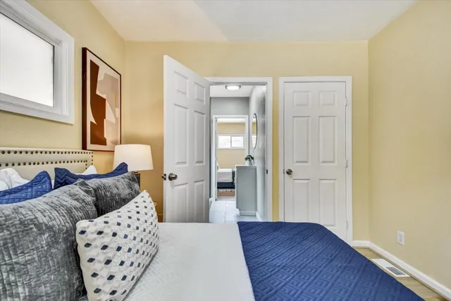 a backyard of a house with wooden stairs