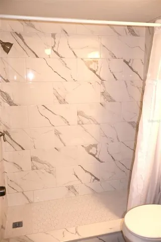 a white toilet sitting next to a shower curtain