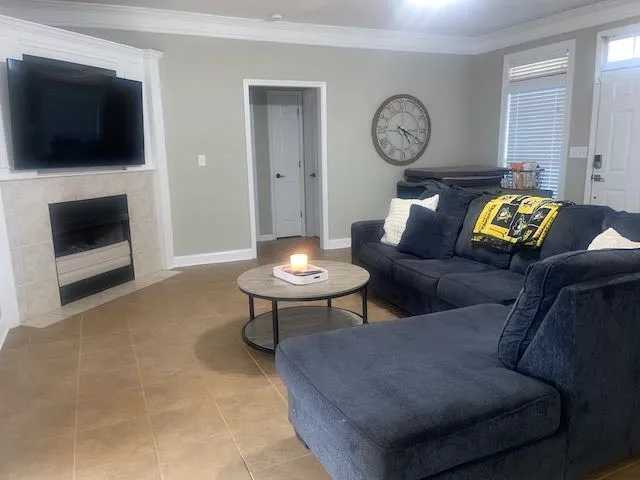 a living room with furniture a flat screen tv and a fireplace